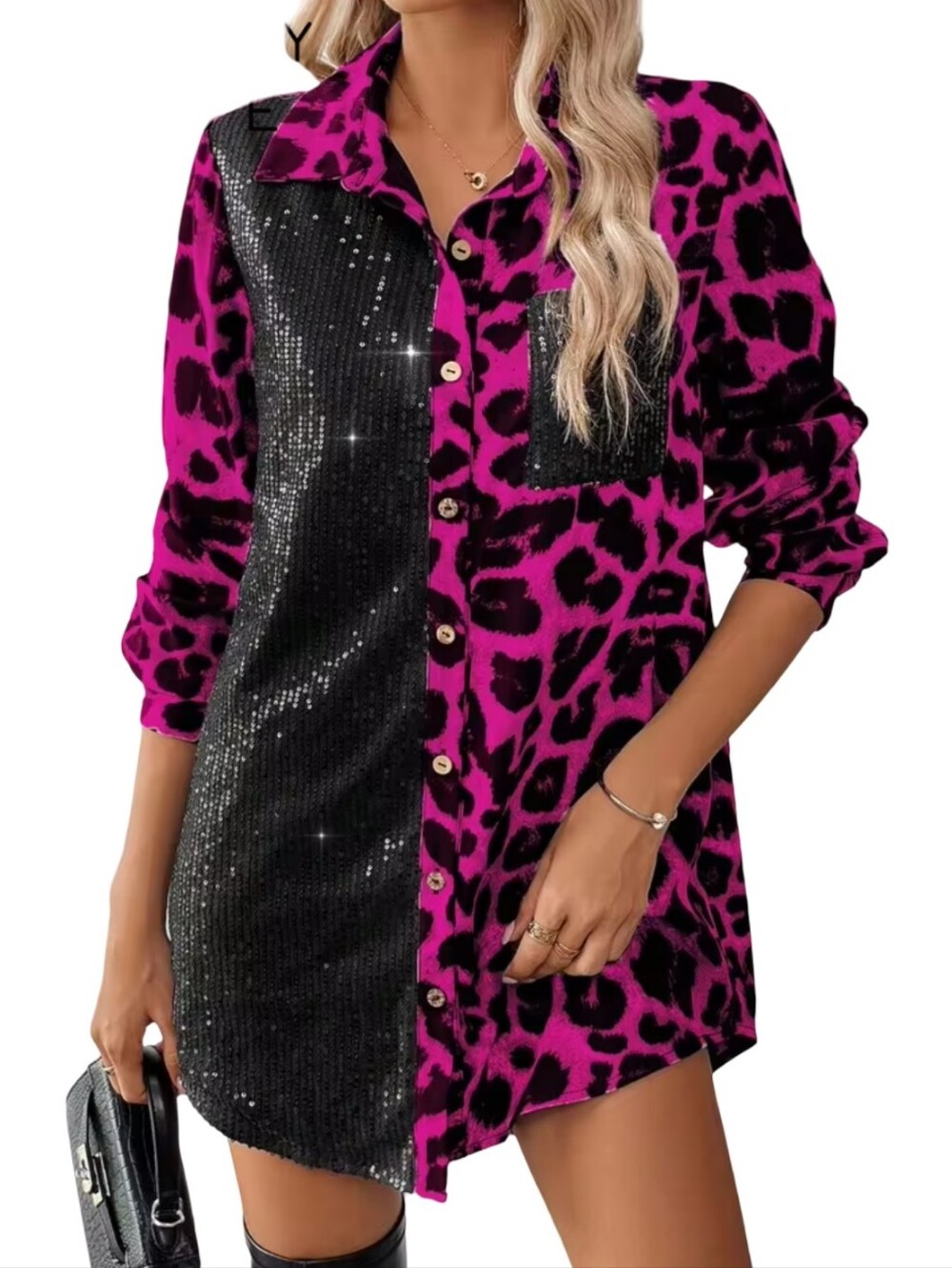 SHEIN Fuchsia Leopard Sequin Panel Mini Shirt Dress